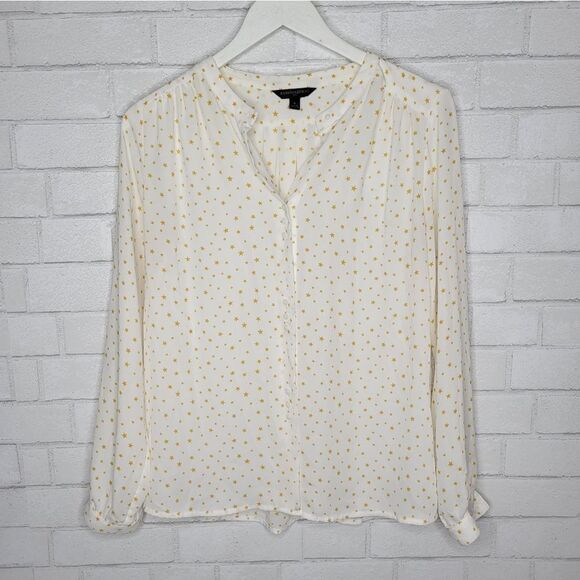 Banana Republic White Yellow Star Print Chiffon Long Sleeve Button Down Shirt - Picture 1 of 6